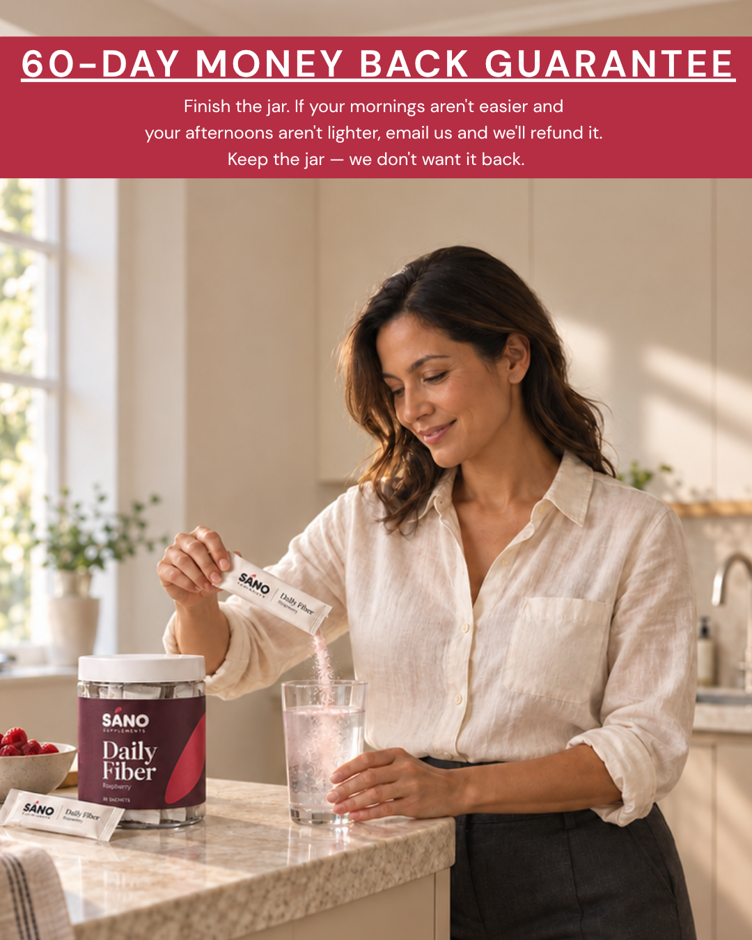 60-day money back guarantee. Finish the jar. If your mornings aren't easier and your afternoons aren't lighter, email us and we'll refund it. Keep the jar — we don't want it back.